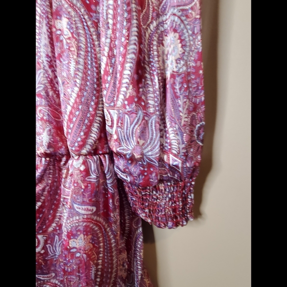 Burgundy & lilac boho paisley print mock neck long sleeve tierd ruffle dress - Picture 10 of 11